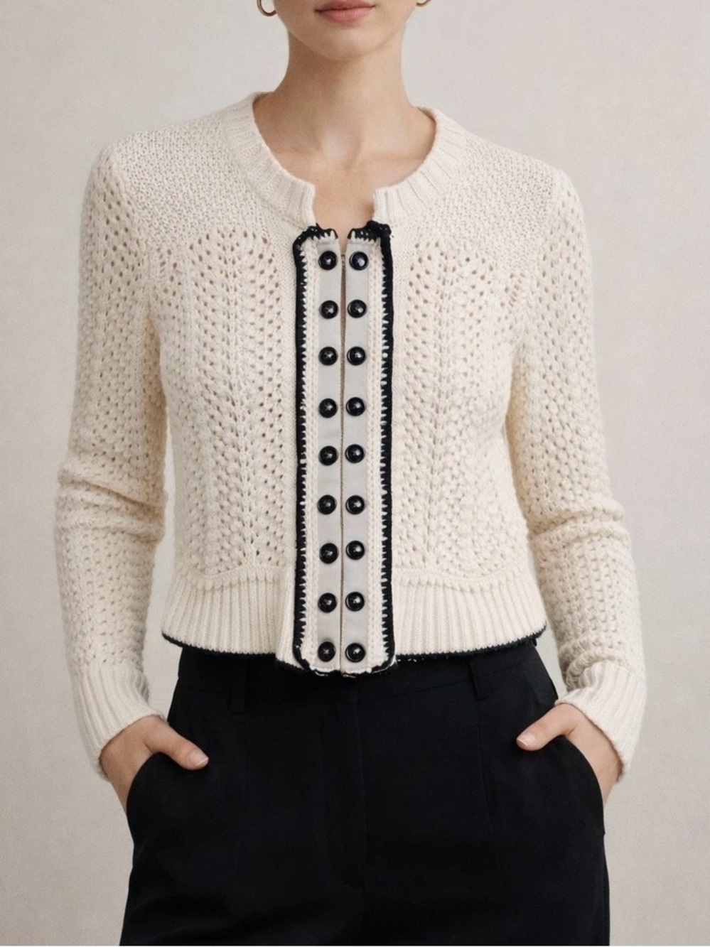 The Limited Crochet Wool Blend Cardigan Medium Ivory & Black